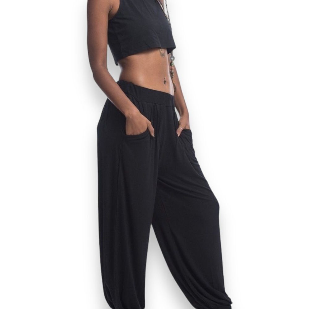 Black Drawstring Waistband Pockets Tapered Leg Harem Pants - NEW